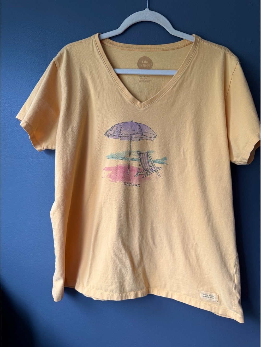 Life is Good Women's V-Neck T-Shirt with Beach Umbrella and Chair Graphic